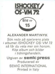 1972 Semic Ishockey OS-VM (Swedish) Stickers #15 Alexander Martinyk Back