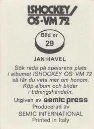 1972 Semic Ishockey OS-VM (Swedish) Stickers #29 Jan Havel Back