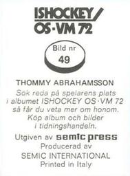 1972 Semic Ishockey OS-VM (Swedish) Stickers #49 Thommy Abrahamsson Back