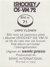 1972 Semic Ishockey OS-VM (Swedish) Stickers #71 Urpo Ylönen Back