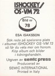 1972 Semic Ishockey OS-VM (Swedish) Stickers #78 Esa Isaksson Back