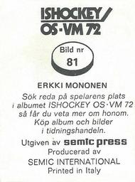 1972 Semic Ishockey OS-VM (Swedish) Stickers #81 Erkki Mononen Back