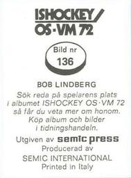 1972 Semic Ishockey OS-VM (Swedish) Stickers #136 Bob Lindberg Back