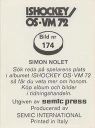 1972 Semic Ishockey OS-VM (Swedish) Stickers #174 Simon Nolet Back