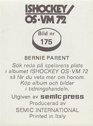 1972 Semic Ishockey OS-VM (Swedish) Stickers #175 Bernie Parent Back