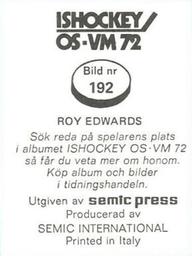 1972 Semic Ishockey OS-VM (Swedish) Stickers #192 Roy Edwards Back