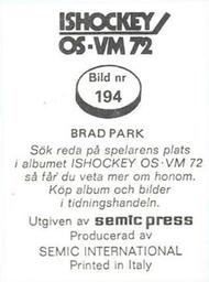 1972 Semic Ishockey OS-VM (Swedish) Stickers #194 Brad Park Back
