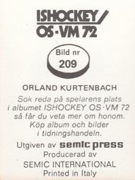 1972 Semic Ishockey OS-VM (Swedish) Stickers #209 Orland Kurtenbach Back