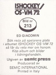 1972 Semic Ishockey OS-VM (Swedish) Stickers #213 Ed Giacomin Back