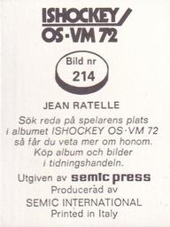 1972 Semic Ishockey OS-VM (Swedish) Stickers #214 Jean Ratelle Back