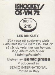 1972 Semic Ishockey OS-VM (Swedish) Stickers #215 Les Binkley Back