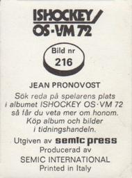 1972 Semic Ishockey OS-VM (Swedish) Stickers #216 Jean Pronovost Back