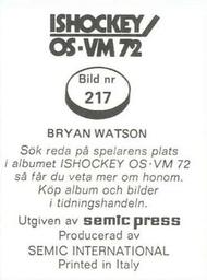 1972 Semic Ishockey OS-VM (Swedish) Stickers #217 Bryan Watson Back