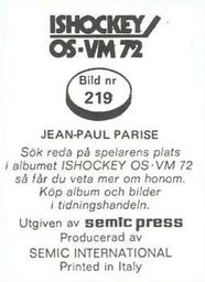 1972 Semic Ishockey OS-VM (Swedish) Stickers #219 Jean-Paul Parise Back