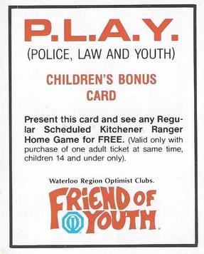 1988-89 Kitchener Rangers (OHL) Police #3 Childrens Bonus Card Front