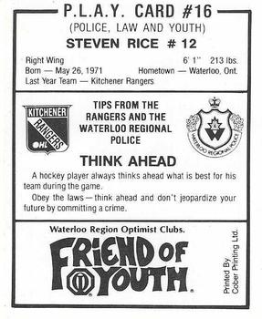 1988-89 Kitchener Rangers (OHL) Police #16 Steven Rice Back