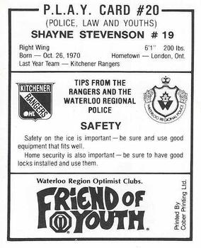 1988-89 Kitchener Rangers (OHL) Police #20 Shayne Stevenson Back