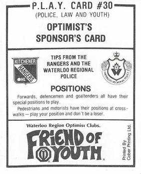 1988-89 Kitchener Rangers (OHL) Police #30 Optimists Sponsors-Card Back