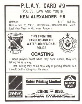 1985-86 Kitchener Rangers (OHL) Police #9 Ken Alexander Back