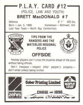 1985-86 Kitchener Rangers (OHL) Police #12 Brett MacDonald Back