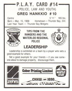 1985-86 Kitchener Rangers (OHL) Police #14 Greg Hankkio Back