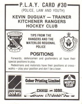 1985-86 Kitchener Rangers (OHL) Police #30 Kevin Duguay Back