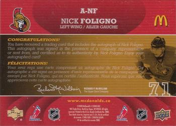 2008-09 Upper Deck McDonald's - Autographs #A-NF Nick Foligno  Back
