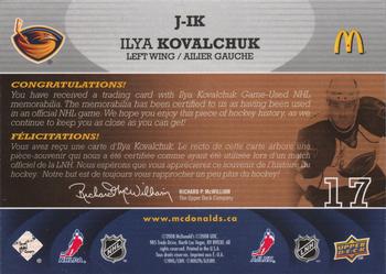 2008-09 Upper Deck McDonald's - Jerseys #J-IK Ilya Kovalchuk  Back