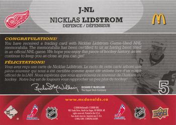 2008-09 Upper Deck McDonald's - Jerseys #J-NL Nicklas Lidstrom  Back
