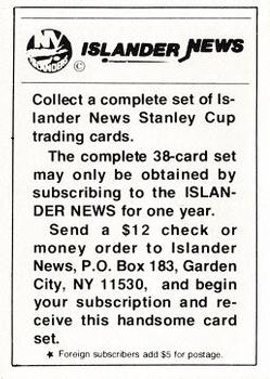 1984 New York Islanders News #NNO Subscription / Card Set Ad Back