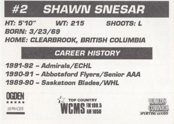 1992-93 Hampton Road Admirals (ECHL) #NNO Shawn Snesar Back