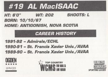 1992-93 Hampton Road Admirals (ECHL) #NNO Al MacIsaac Back