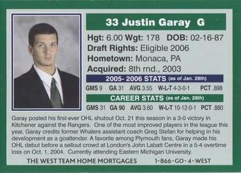 2006-07 Plymouth Whalers (OHL) #B02 Justin Garay Back