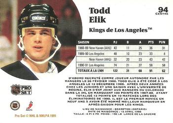 1991-92 Pro Set French #94 Todd Elik Back