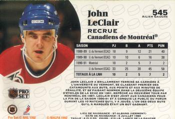 1991-92 Pro Set French #545 John LeClair Back