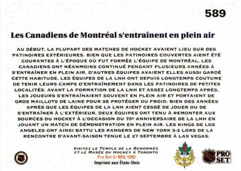 1991-92 Pro Set French #589 Les Canadiens de Montréal s'entraînent en plein air (Montreal Canadiens Practice) Back