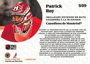 1991-92 Pro Set French #599 Patrick Roy Back