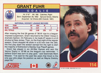 1991-92 Score Canadian English #114 Grant Fuhr Back
