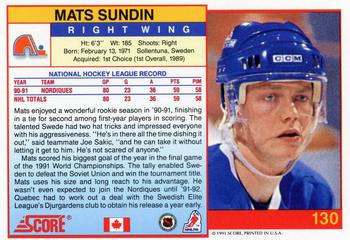 1991-92 Score Canadian English #130 Mats Sundin Back