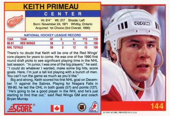 1991-92 Score Canadian English #144 Keith Primeau Back
