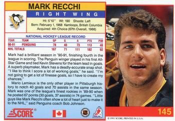 1991-92 Score Canadian English #145 Mark Recchi Back