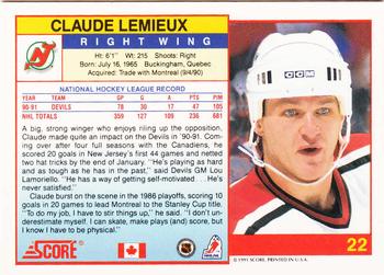 1991-92 Score Canadian English #22 Claude Lemieux Back