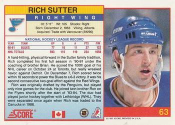 1991-92 Score Canadian English #63 Rich Sutter Back