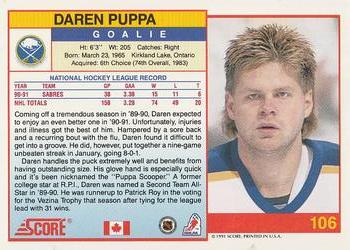 1991-92 Score Canadian English #106 Daren Puppa Back