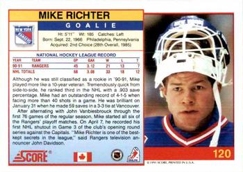 1991-92 Score Canadian English #120 Mike Richter Back