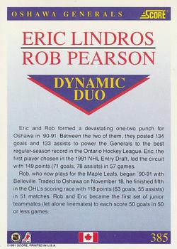 1991-92 Score Canadian English #385 Eric Lindros / Rob Pearson Back