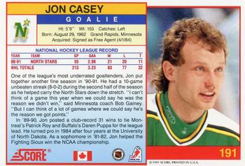 1991-92 Score Canadian English #191 Jon Casey Back