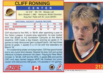 1991-92 Score Canadian English #212 Cliff Ronning Back