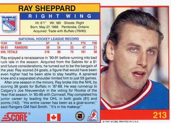 1991-92 Score Canadian English #213 Ray Sheppard Back