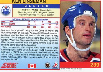 1991-92 Score Canadian English #239 Ken Linseman Back